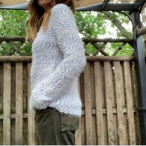 Shaggy Eyelash Sweater Stretchy Blue Grey White NWOT XL